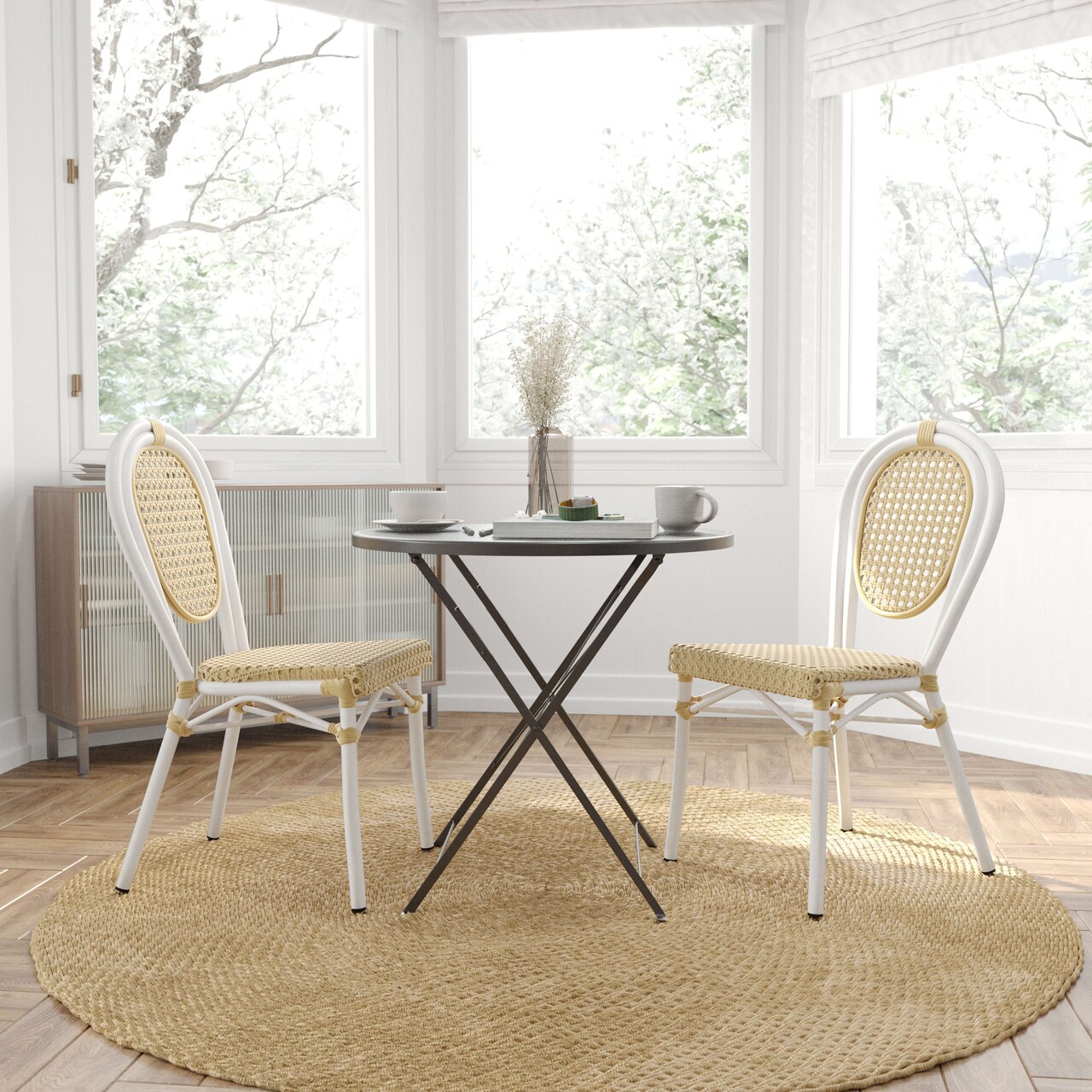 Merrick Lane Toulon Set of Two Stacking Thonet Bistro Style Chair, PE Cane Rattan Seat, and Metal Frame for Indoor/Outdoor Use